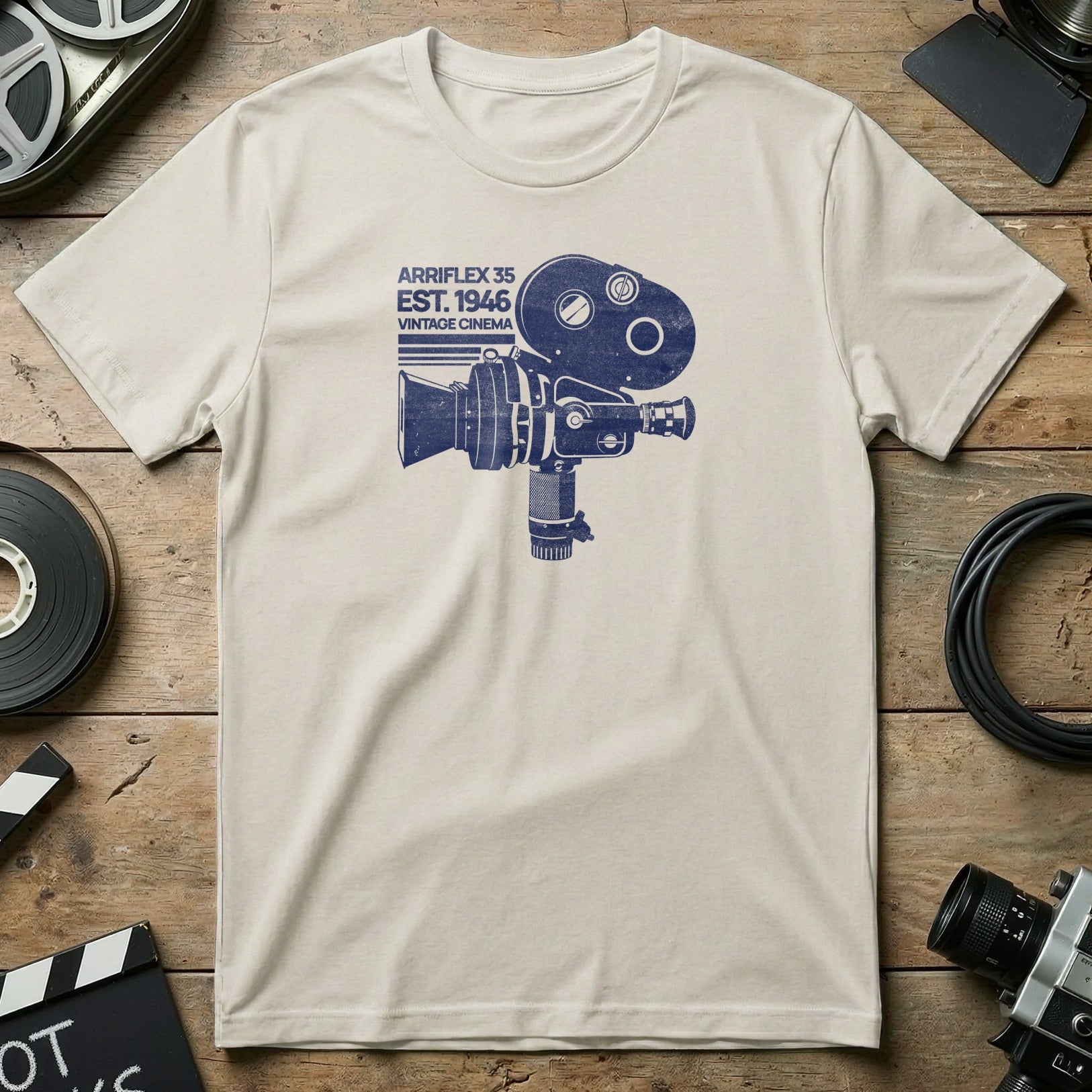 Cream t-shirt with vintage Arriflex 35 camera graphic and text.