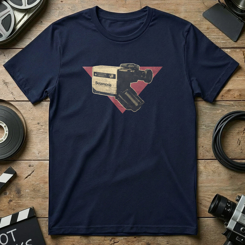 Navy t-shirt with vintage camcorder and "Belamovie" text on triangular design.