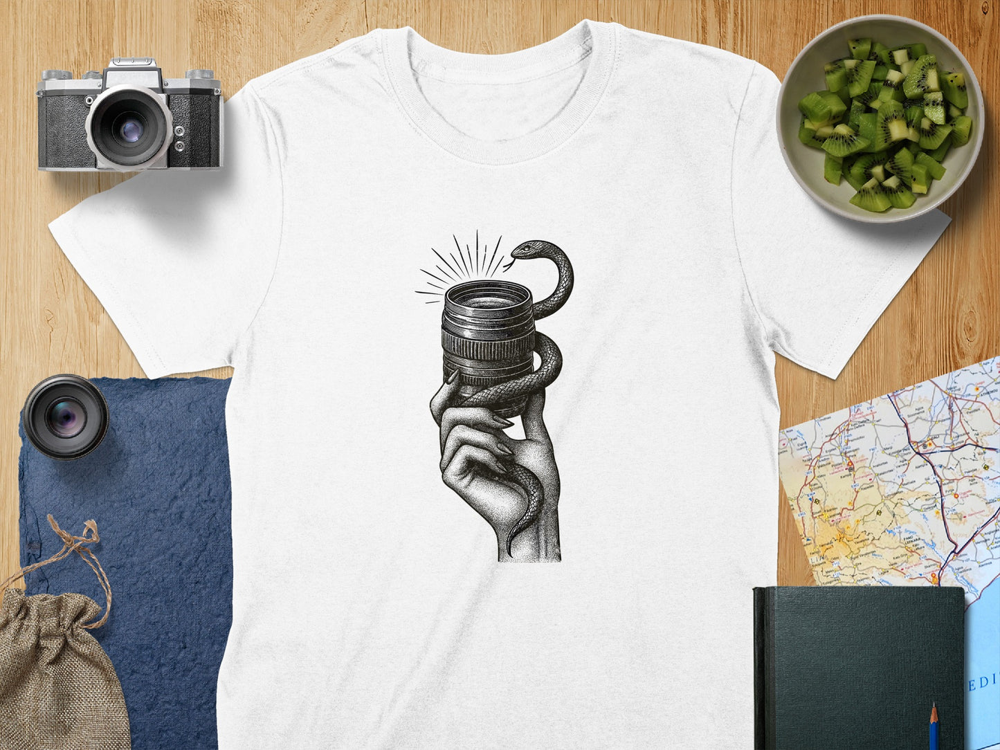 Artistic Snake Wrapped Around Camera Lens T-shirt product