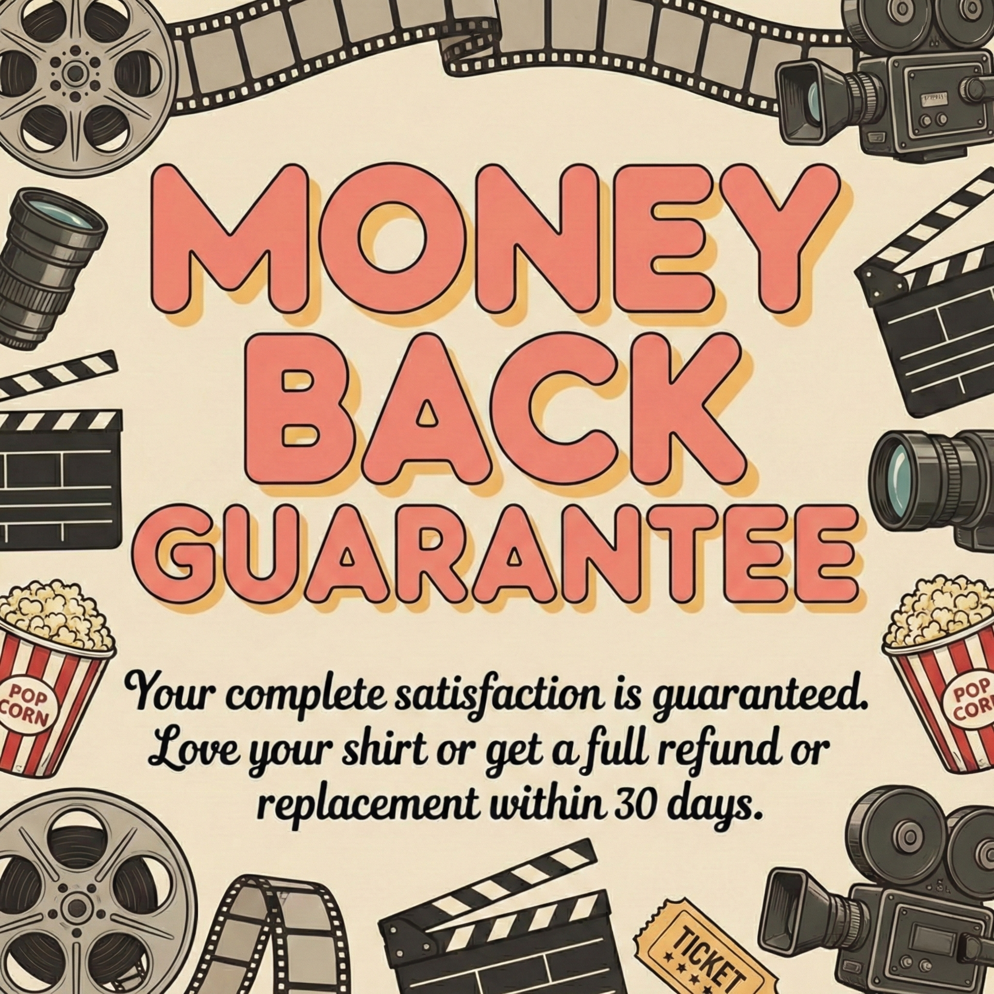 Money Back Guarantee with popcorn, film reels, and cameras.