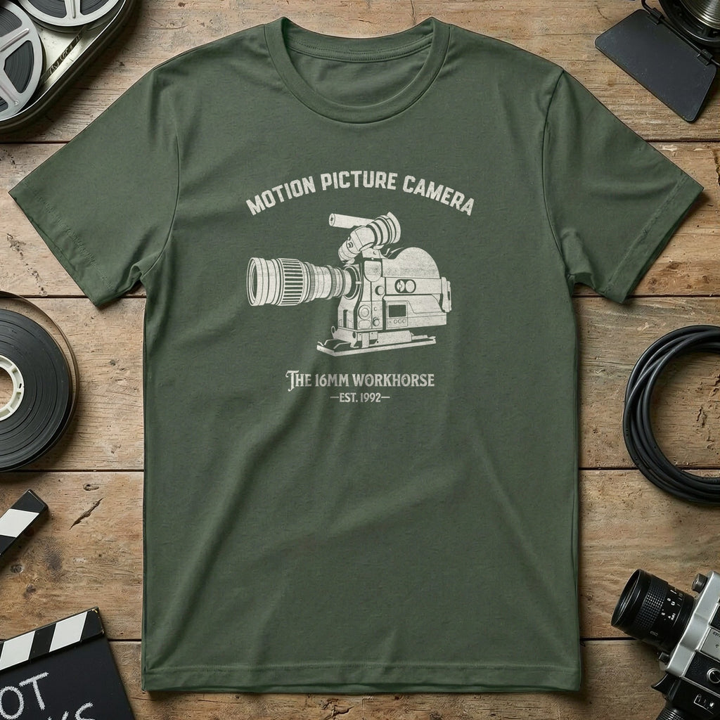 Green t-shirt with a vintage 16mm film camera graphic and text.