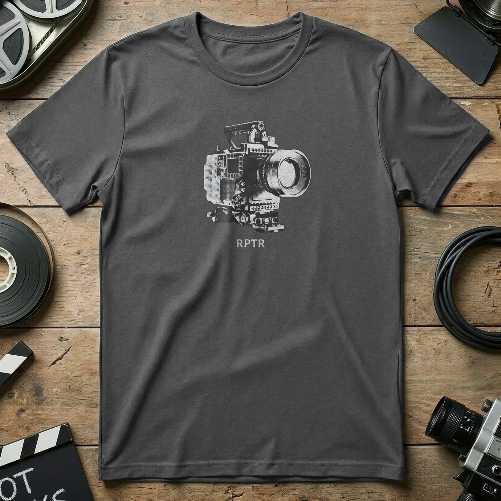 Dark grey t-shirt with RPTR logo and vintage film camera graphic.