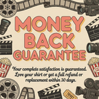 Money Back Guarantee with film reels, popcorn, and cameras.