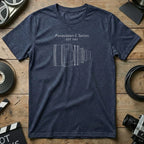 Navy t-shirt with blueprint of Panavision C Series lens and "EST. 1967".