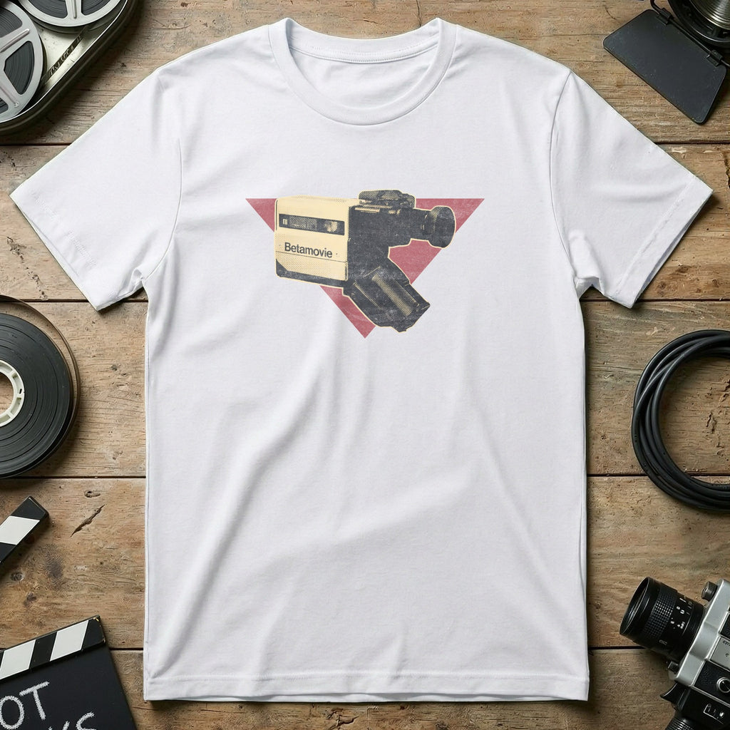 White t-shirt with a vintage BetaMovie video camera graphic in a red triangle.