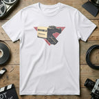 White t-shirt with a vintage BetaMovie video camera graphic in a red triangle.