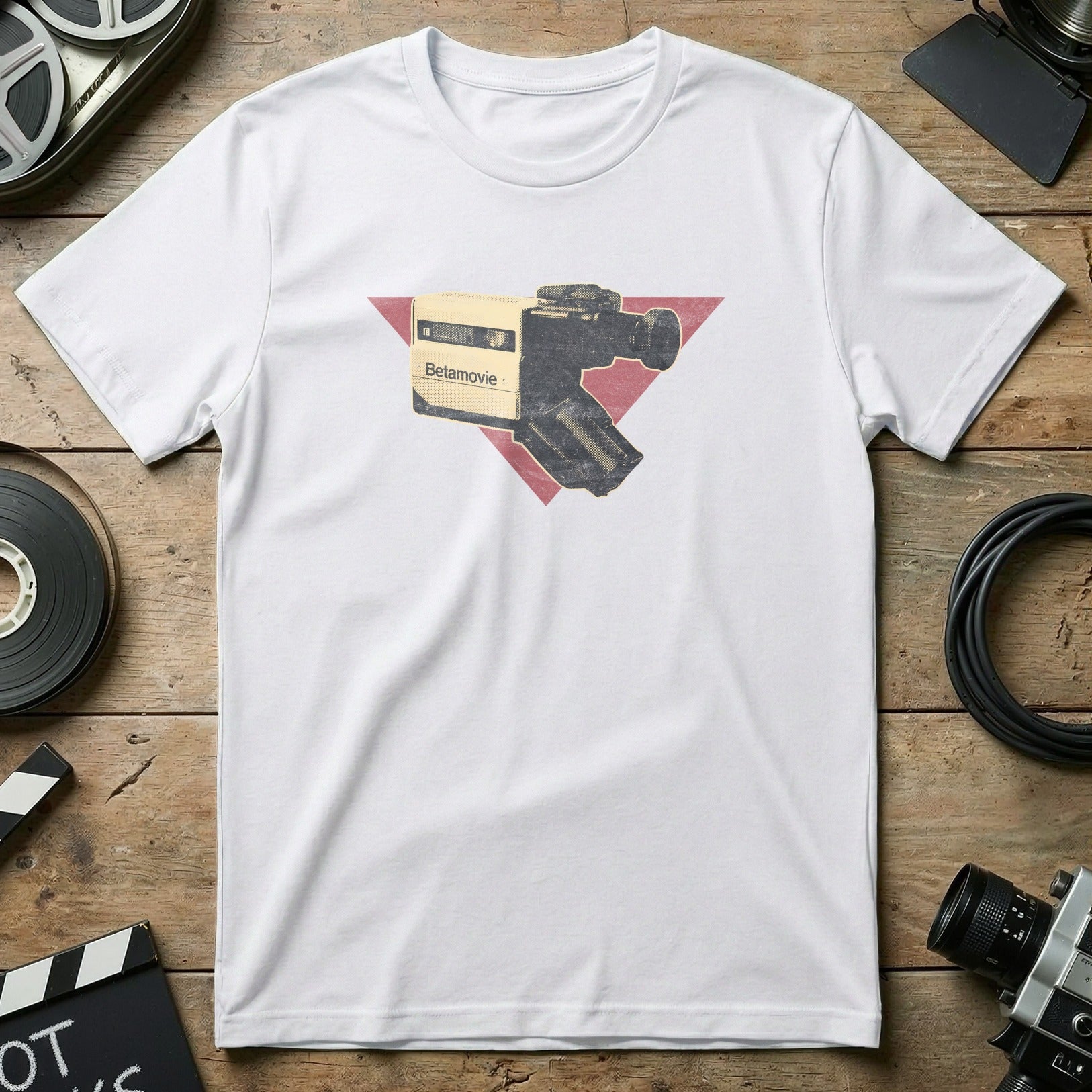 White t-shirt with a vintage BetaMovie video camera graphic in a red triangle.