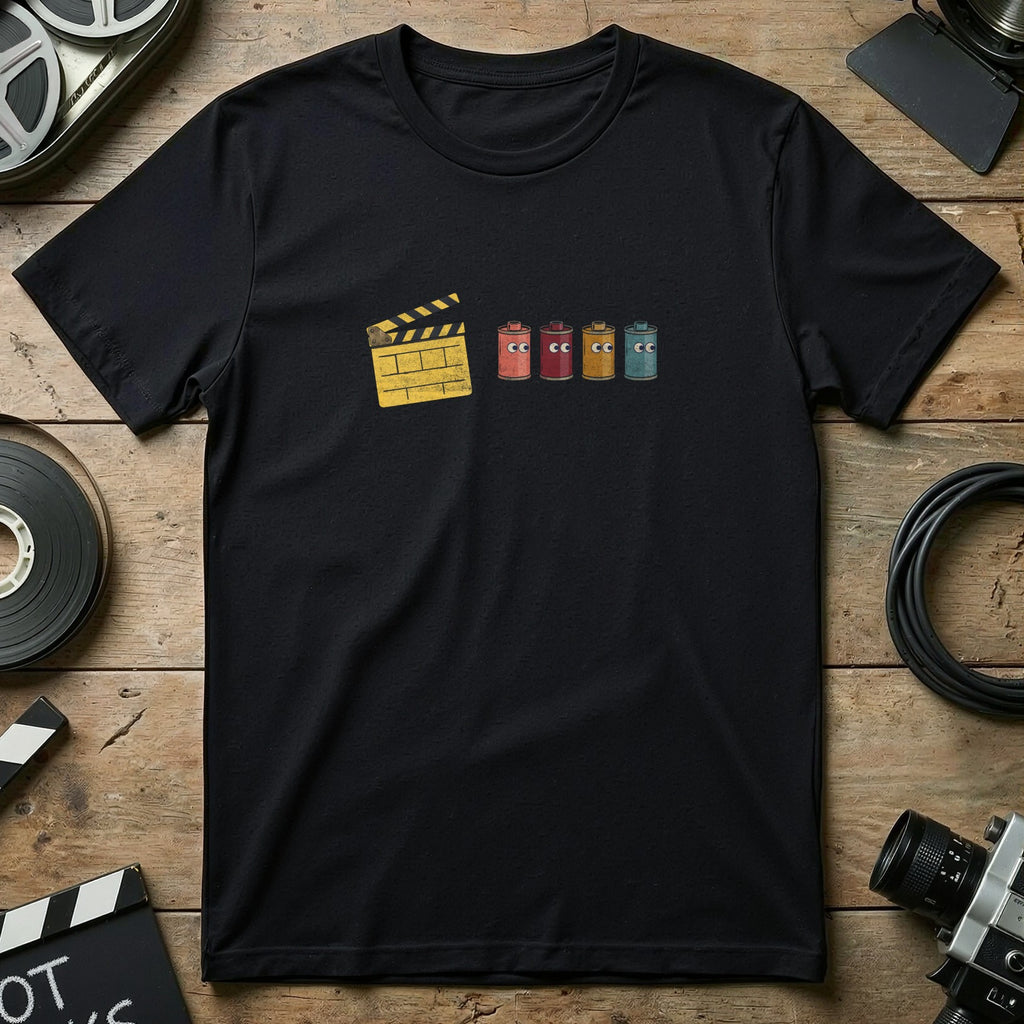 Black t-shirt with film clapperboard and four colorful film canisters with faces.