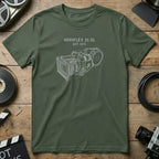 Arri 35 BL camera illustration on green t-shirt.