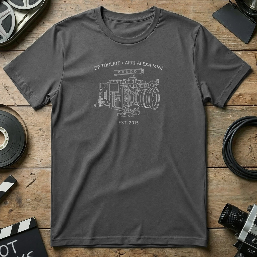 Dark grey t-shirt with line drawing of ARRI Alexa Mini camera and "DP TOOLKIT EST. 2015".