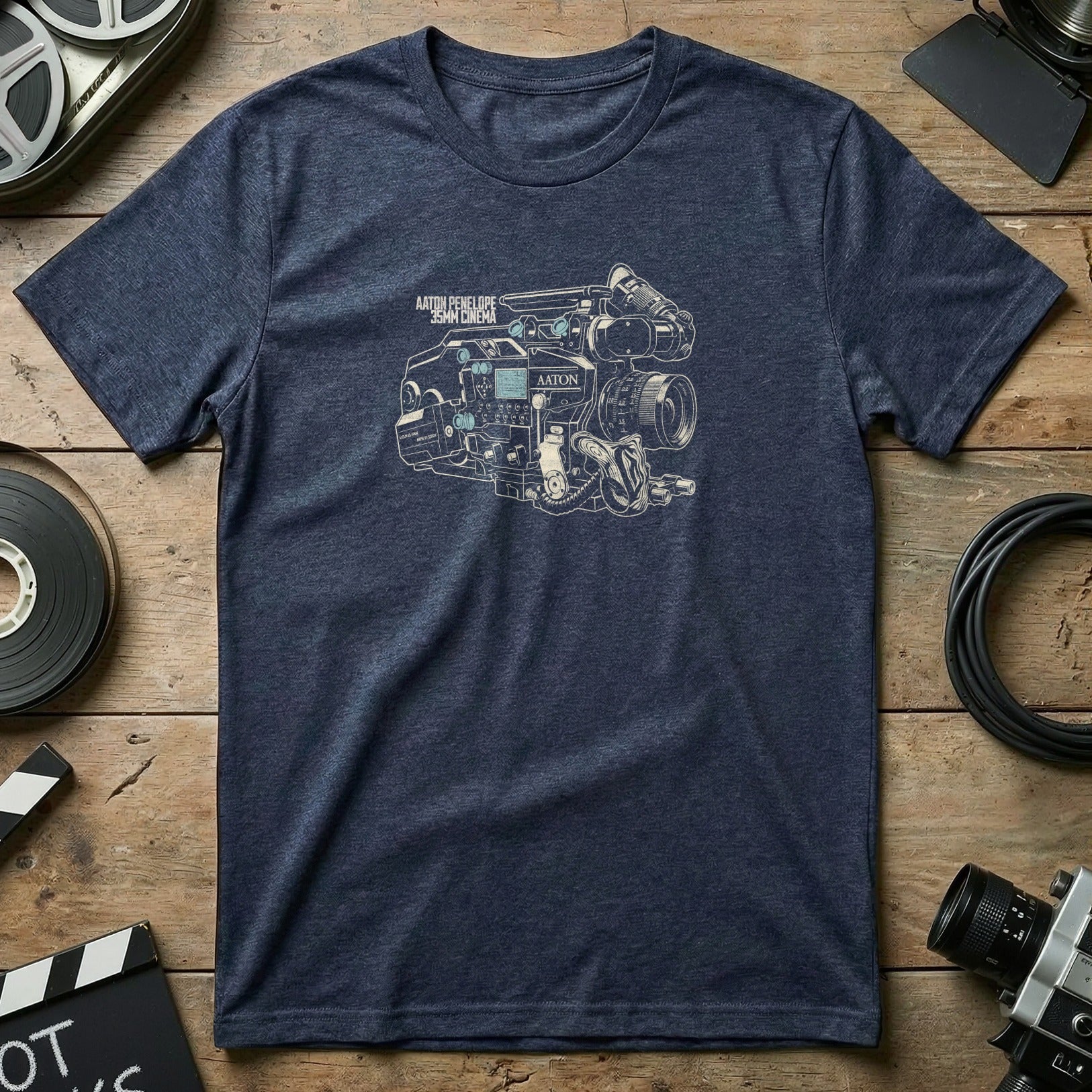Navy t-shirt with illustration of an Arri SR3 16mm film camera.