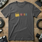Gray t-shirt with film clapboard and four cartoon film canisters.
