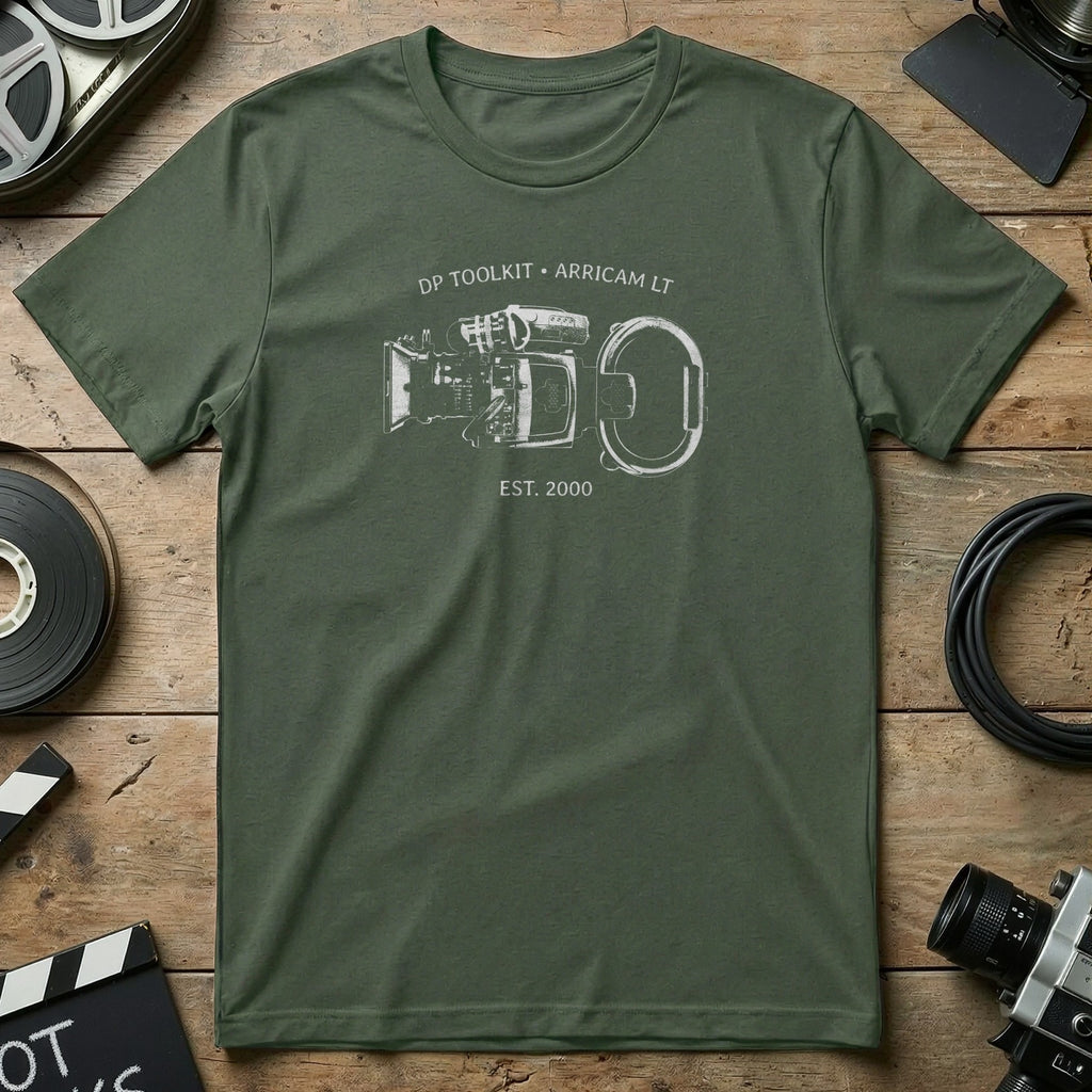 Green t-shirt with "DP TOOLKIT ARRICAM LT EST. 2000" and camera graphic.