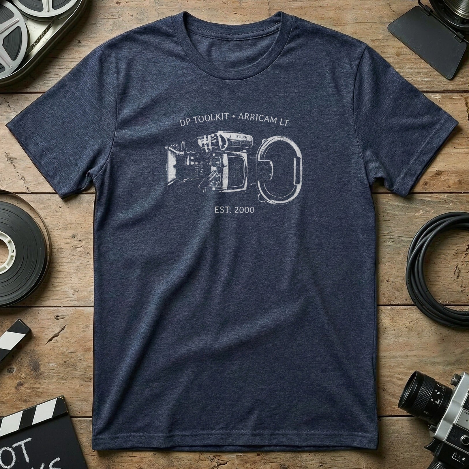 Dark blue t-shirt with DP Toolkit Arricam LT logo and vintage camera accessories.