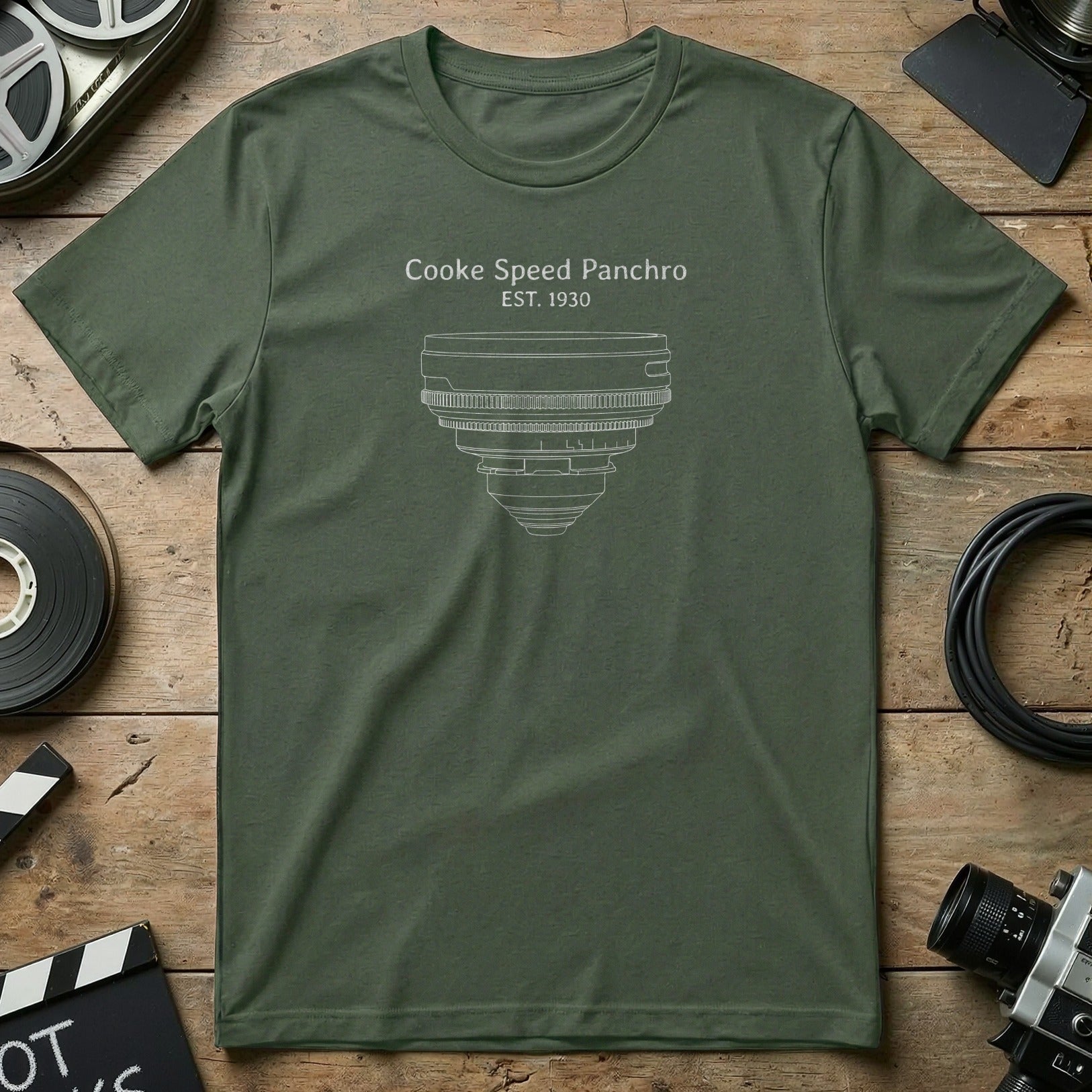 Olive green t-shirt with Cooke Speed Panchro lens illustration and text.