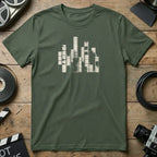 T-shirt with a stylized cityscape made of film strips.