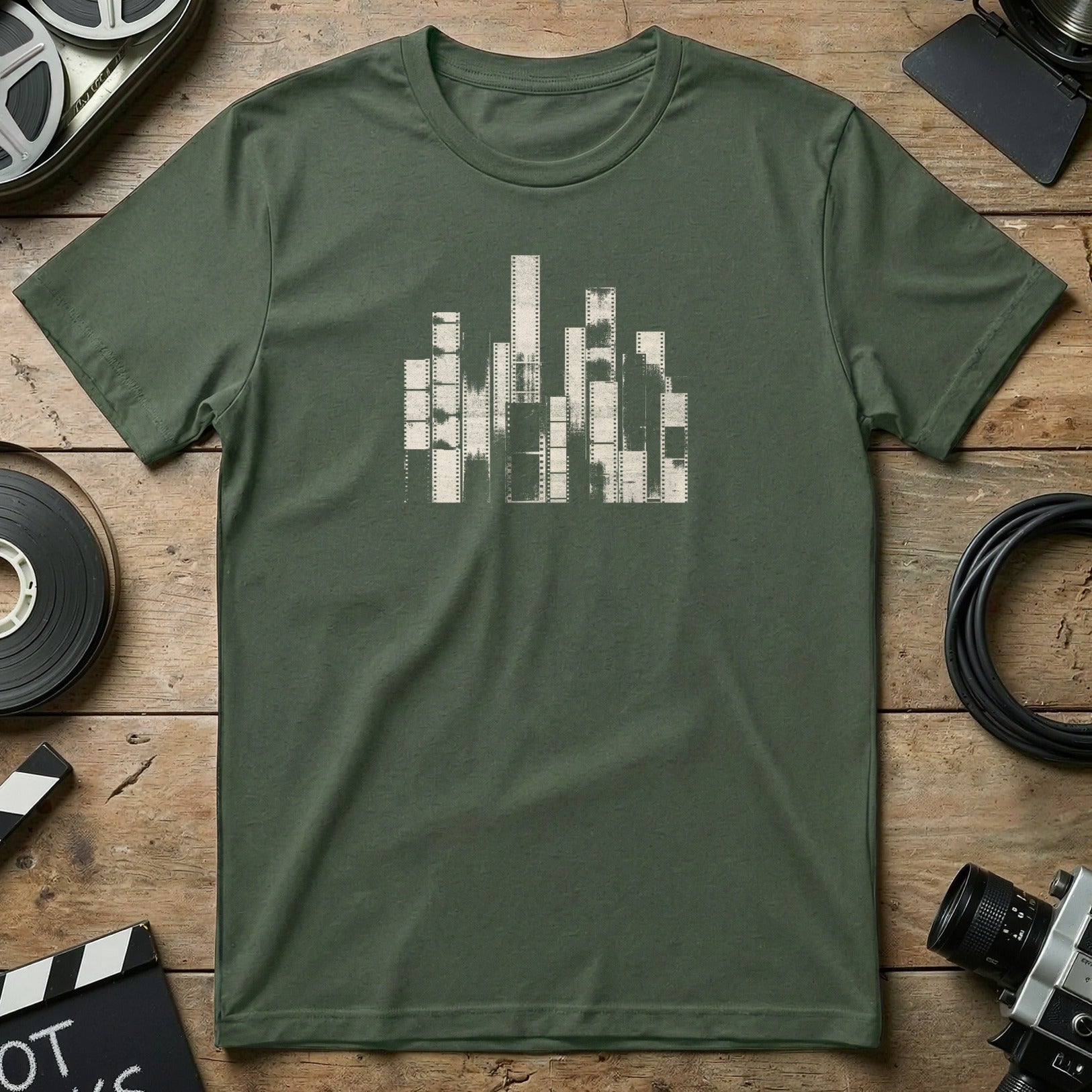 T-shirt with a stylized cityscape made of film strips.
