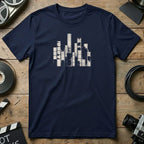 Navy t-shirt with abstract film strip skyline graphic.