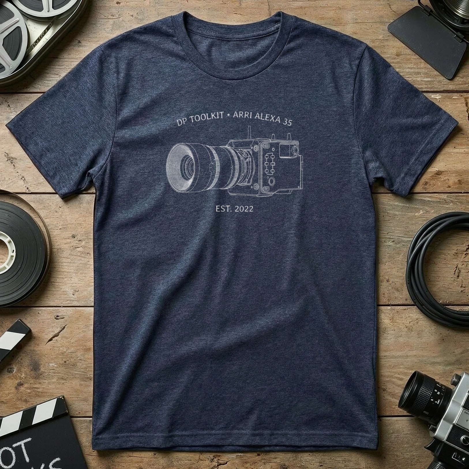 Navy t-shirt with line drawing of ARRI Alexa 35 camera and "DP TOOLKIT" text.