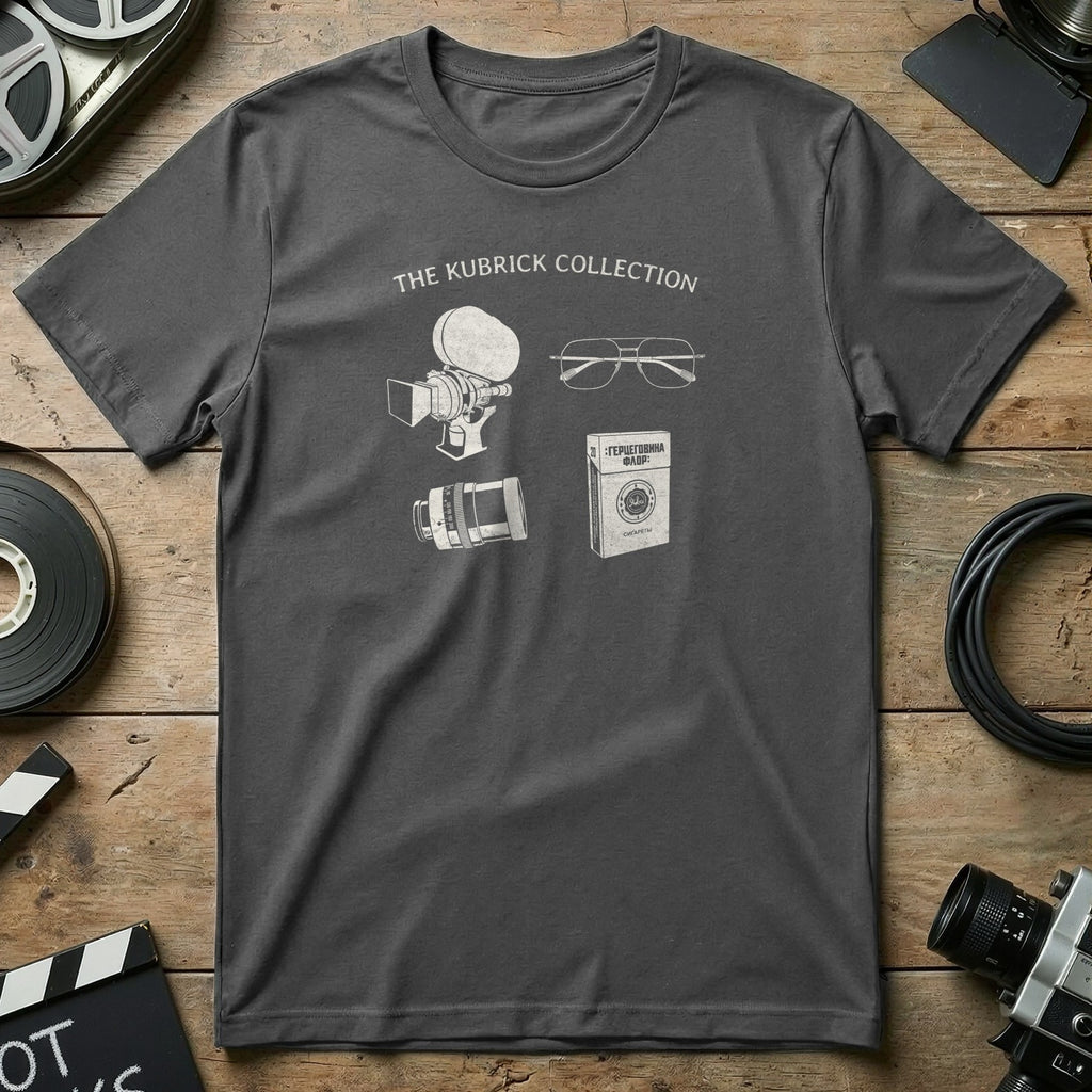 Dark grey t-shirt with line drawings of film equipment and glasses.