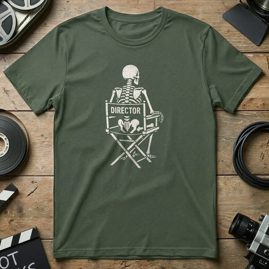 Skeleton Director Chair Graphic T-Shirt for Movie Lovers