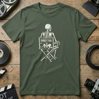 Skeleton Director Chair Graphic T-Shirt for Movie Lovers