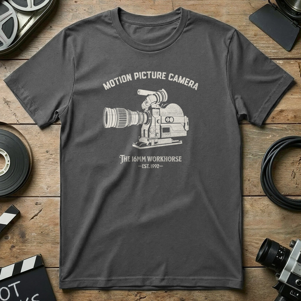 Gray t-shirt with "Motion Picture Camera - The 16mm Workhorse - Est. 1992" text and illustration.