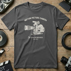 Gray t-shirt with "Motion Picture Camera - The 16mm Workhorse - Est. 1992" text and illustration.