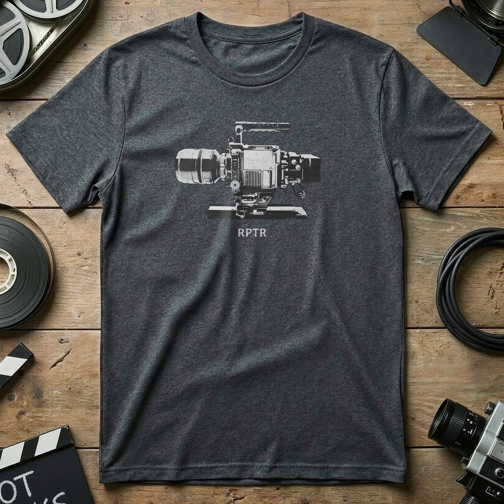 Dark grey t-shirt with white "RPTR" text and cinema camera graphic.