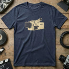 Dark blue t-shirt with a vintage IMAX camera graphic.