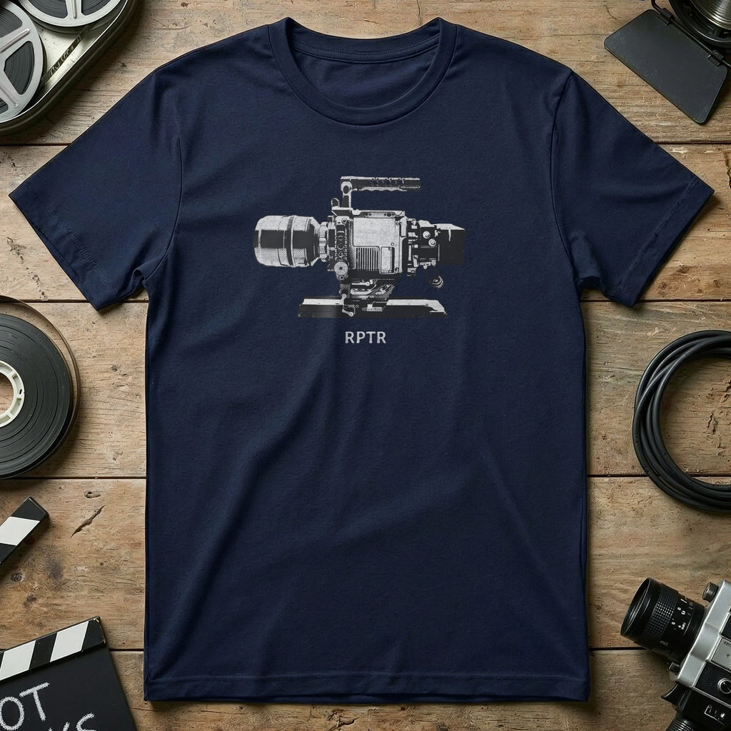 Dark navy t-shirt with white outline of a professional video camera and "RPTR" text.