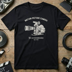 Black t-shirt with vintage film camera graphic and text.