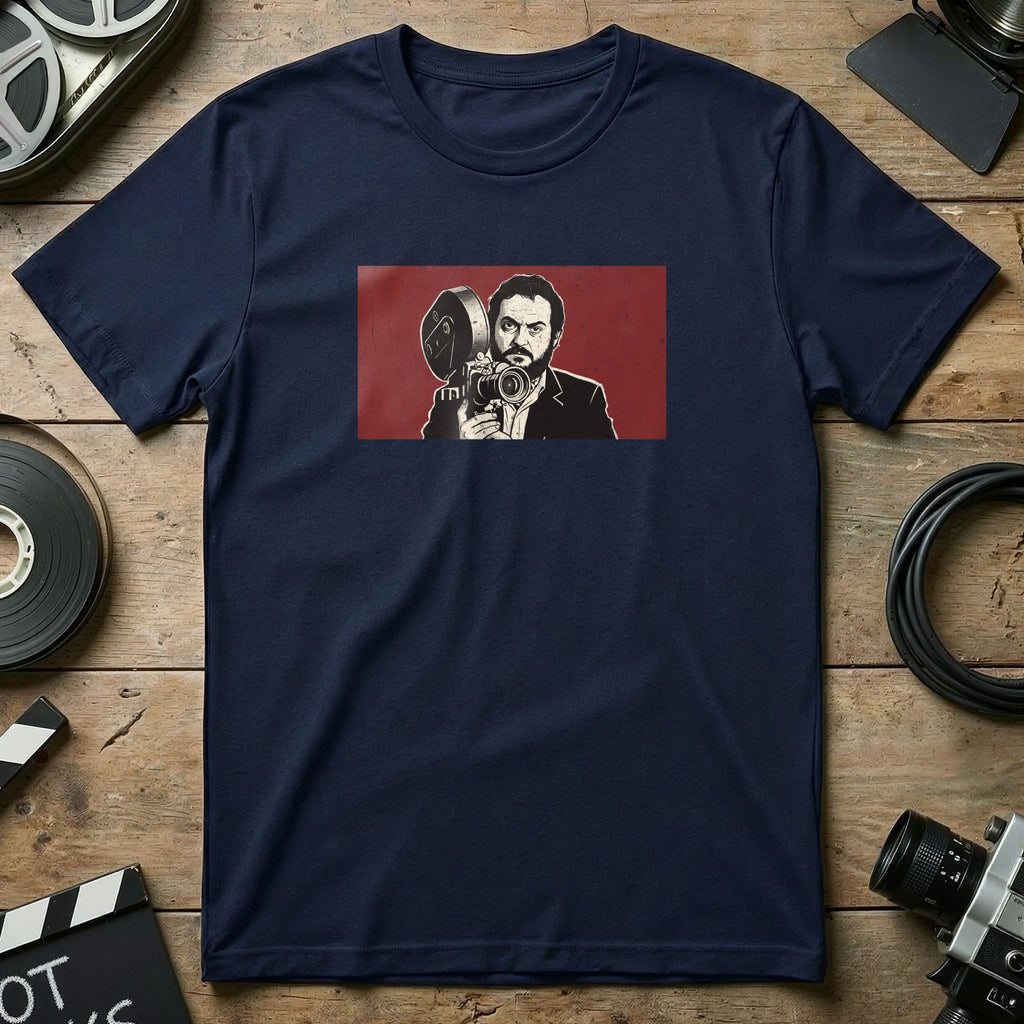 T-shirt featuring a dark navy fabric with a red rectangle containing a graphic of a man holding a vintage movie camera.
