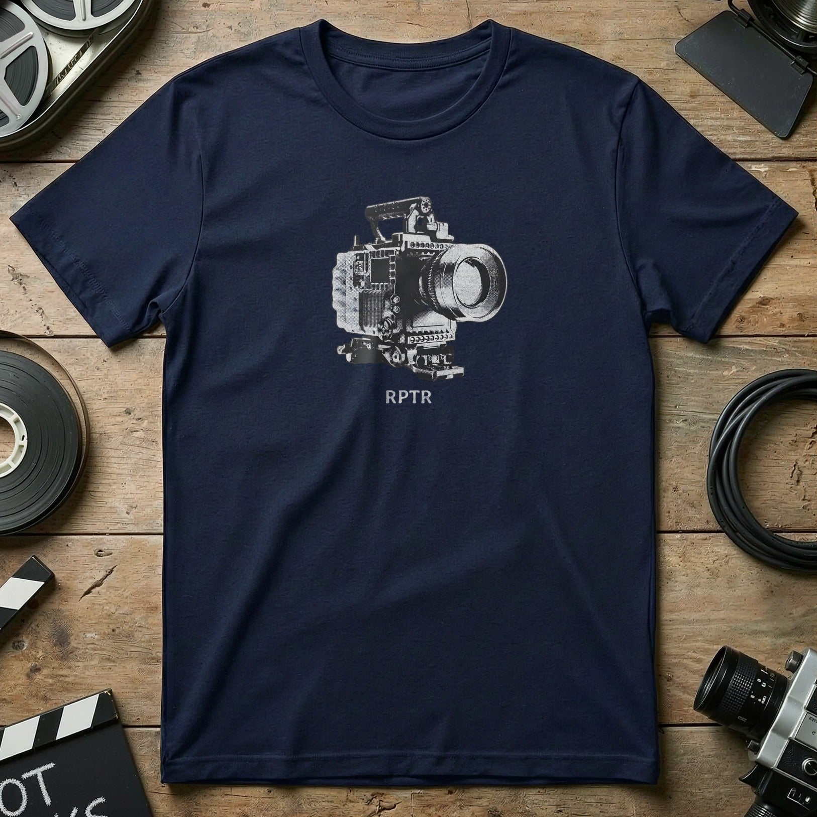 Navy t-shirt with vintage film camera graphic and "RPTR" text.