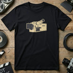 Black t-shirt with a graphic of a vintage IMAX camera.