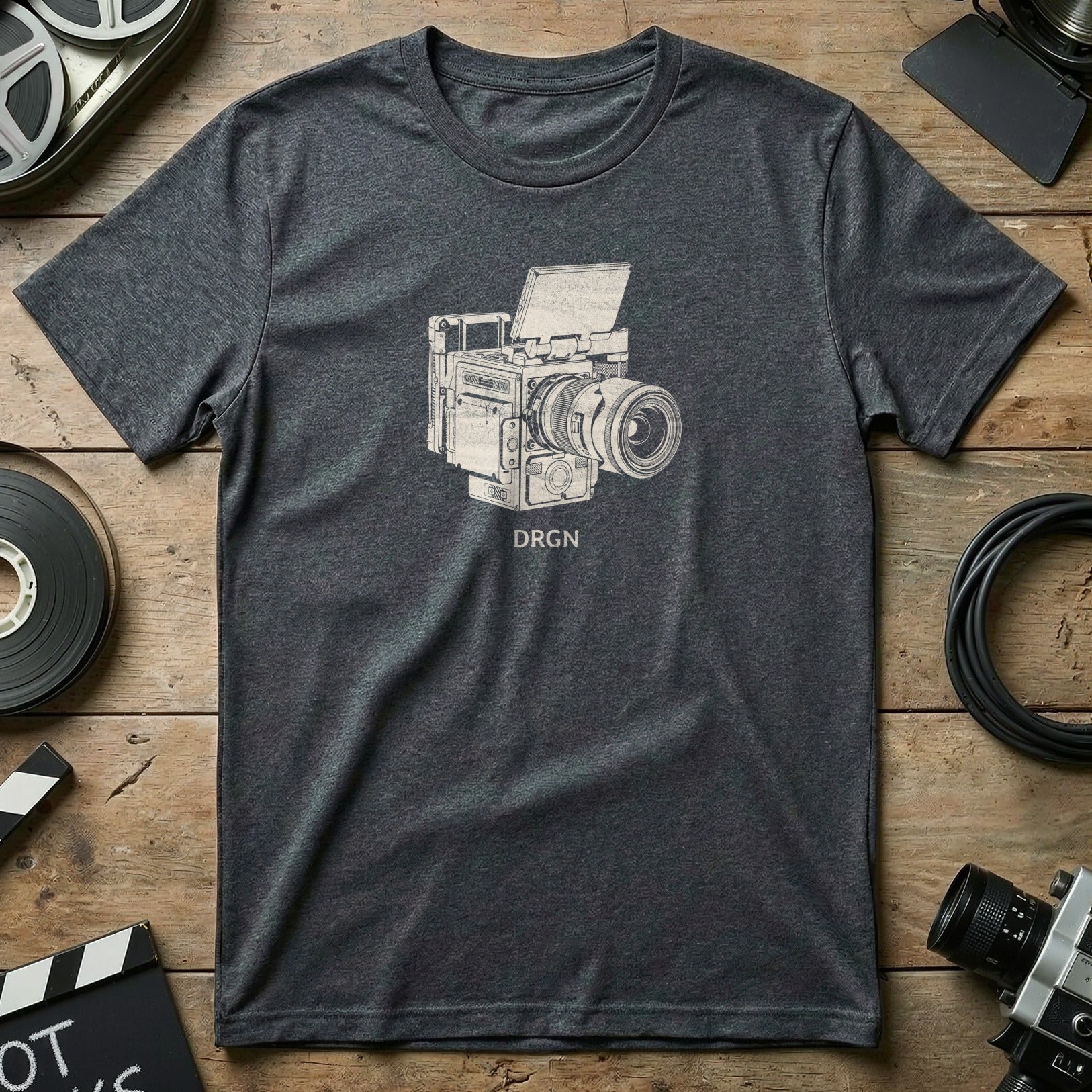Charcoal t-shirt with a sketch of a vintage film camera and "DRGN" text.