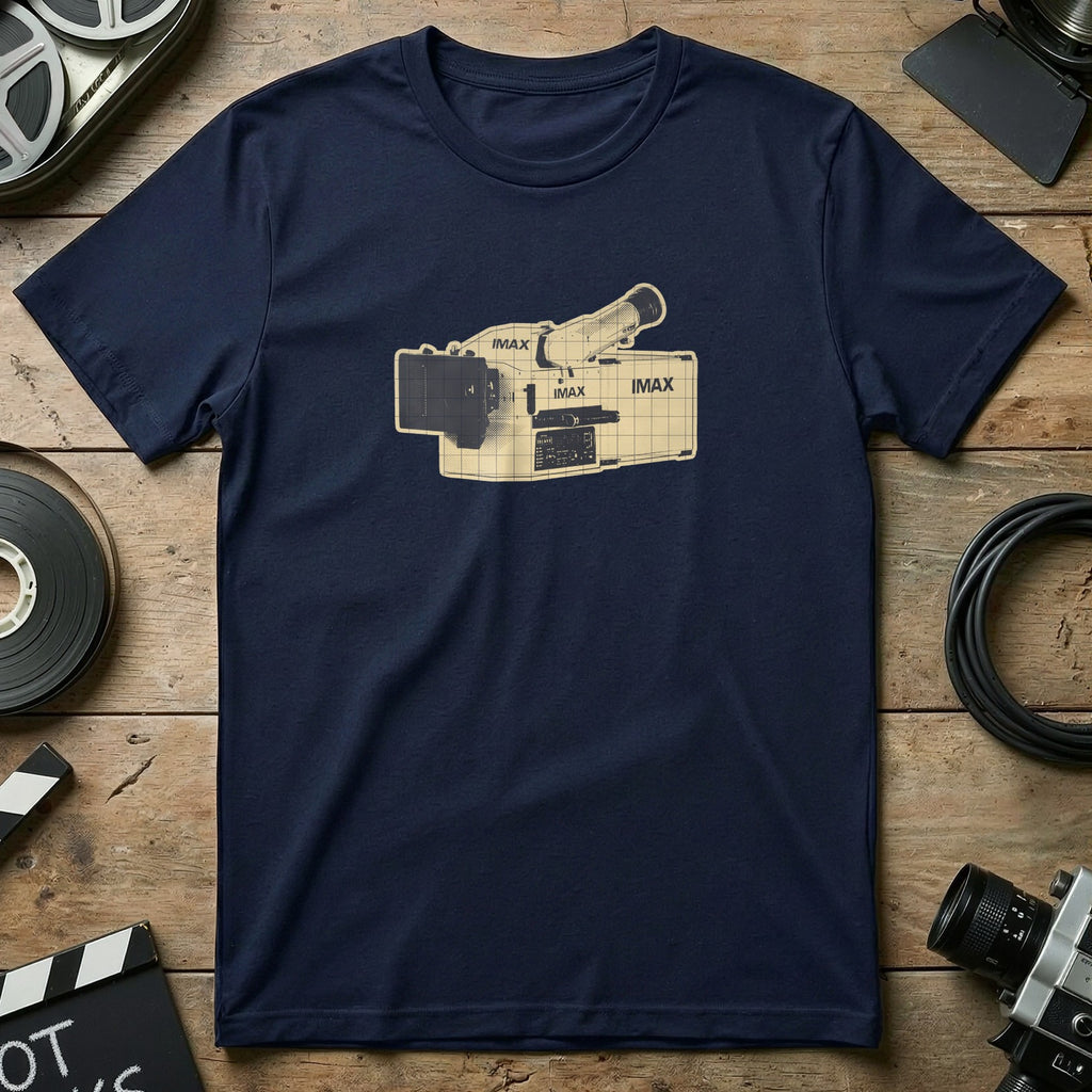 Navy t-shirt featuring a vintage IMAX camera illustration.