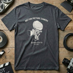 Dark grey t-shirt with "Motion Picture Camera Kubrick's Go-To EST. 1946" graphic.
