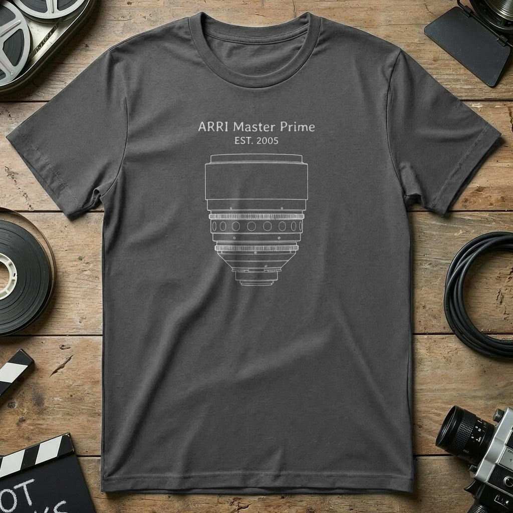 ARRI Master Prime lens diagram on a charcoal grey t-shirt.