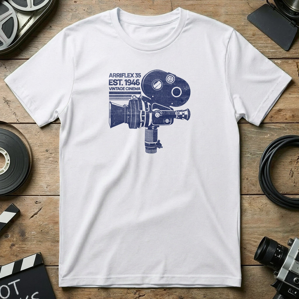 White t-shirt with blue graphic of a vintage Arriflex 35 film camera.