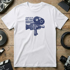 White t-shirt with blue graphic of a vintage Arriflex 35 film camera.