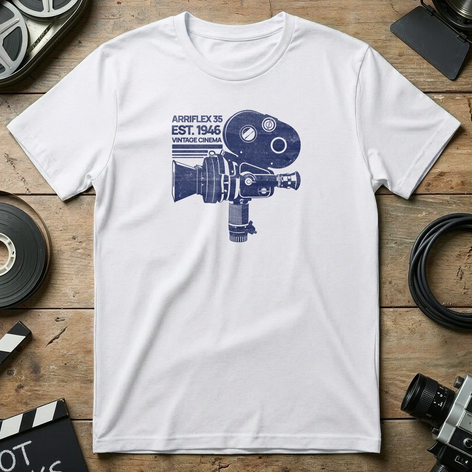 White t-shirt with blue graphic of a vintage Arriflex 35 film camera.