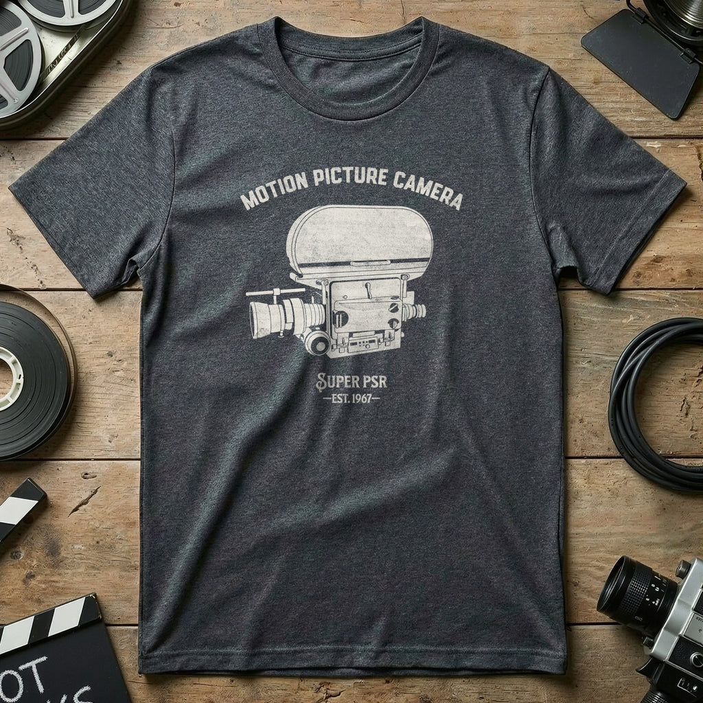 Dark grey t-shirt with "Motion Picture Camera SUPER PSR EST. 1967" text and vintage camera graphic.