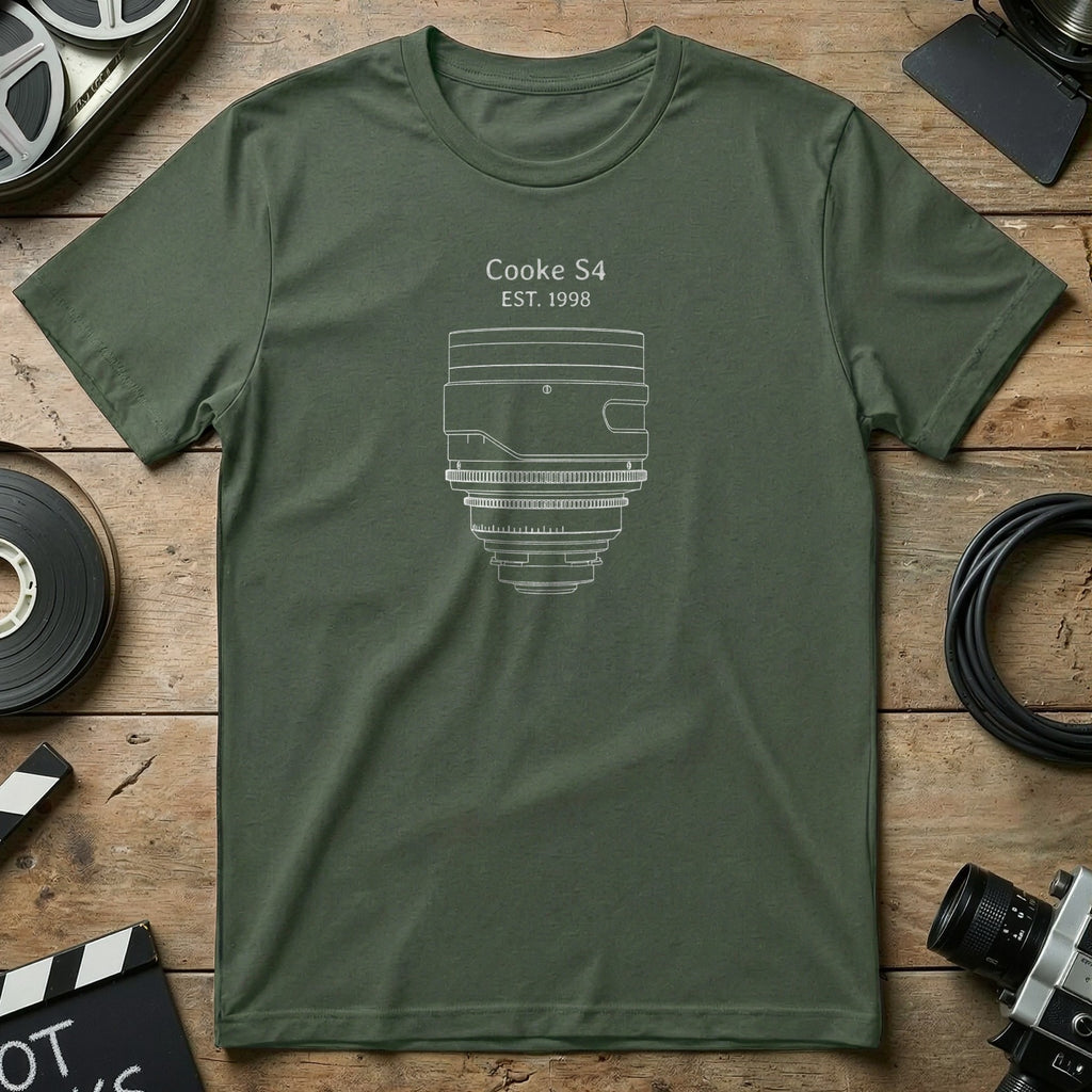 Green t-shirt with line drawing of Cooke S4 lens and "EST. 1998" text.