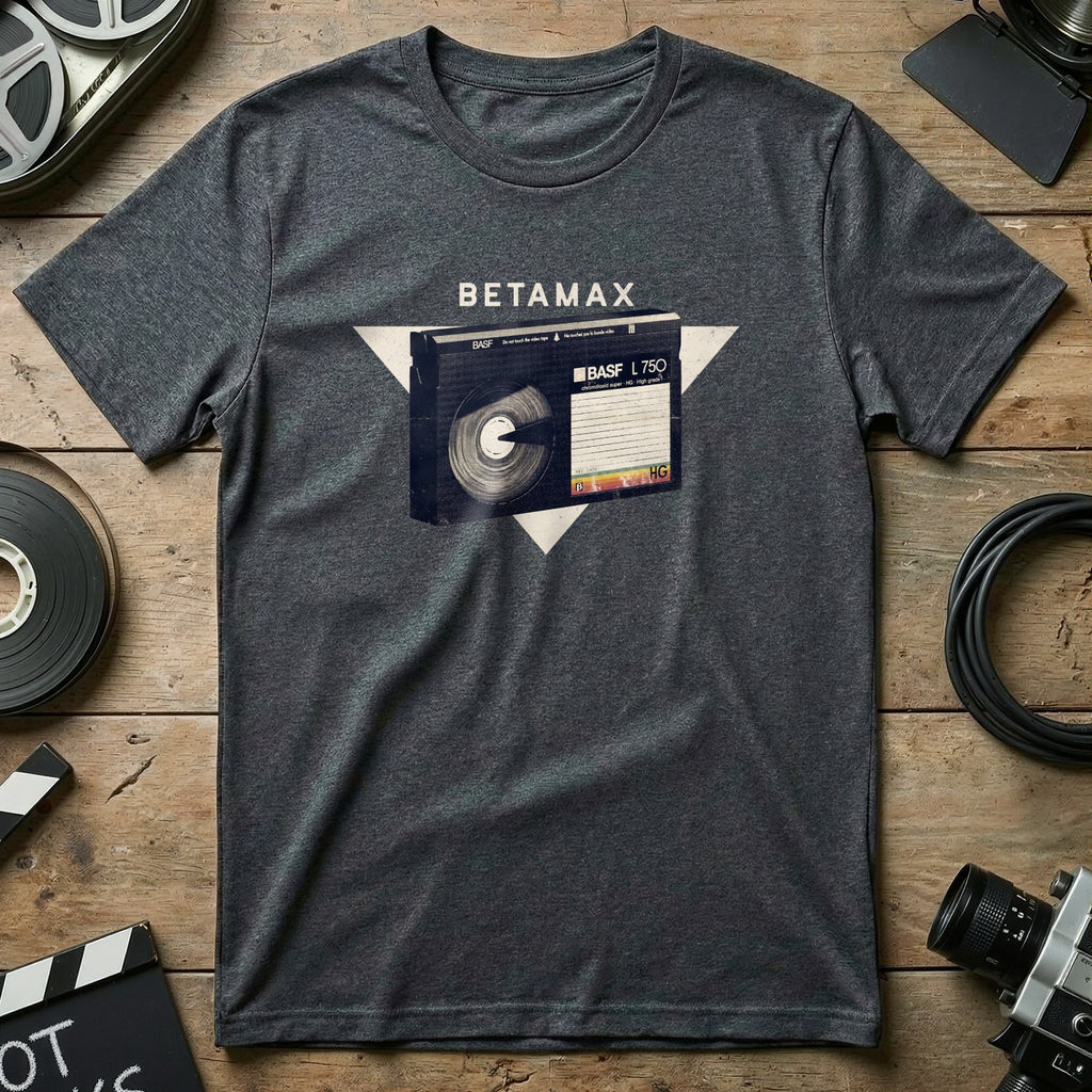 Dark grey t-shirt with Betamax BASF L-750 cassette graphic.