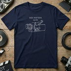 Navy t-shirt with line drawing of a 15/70 film camera and "Size Matters" text.