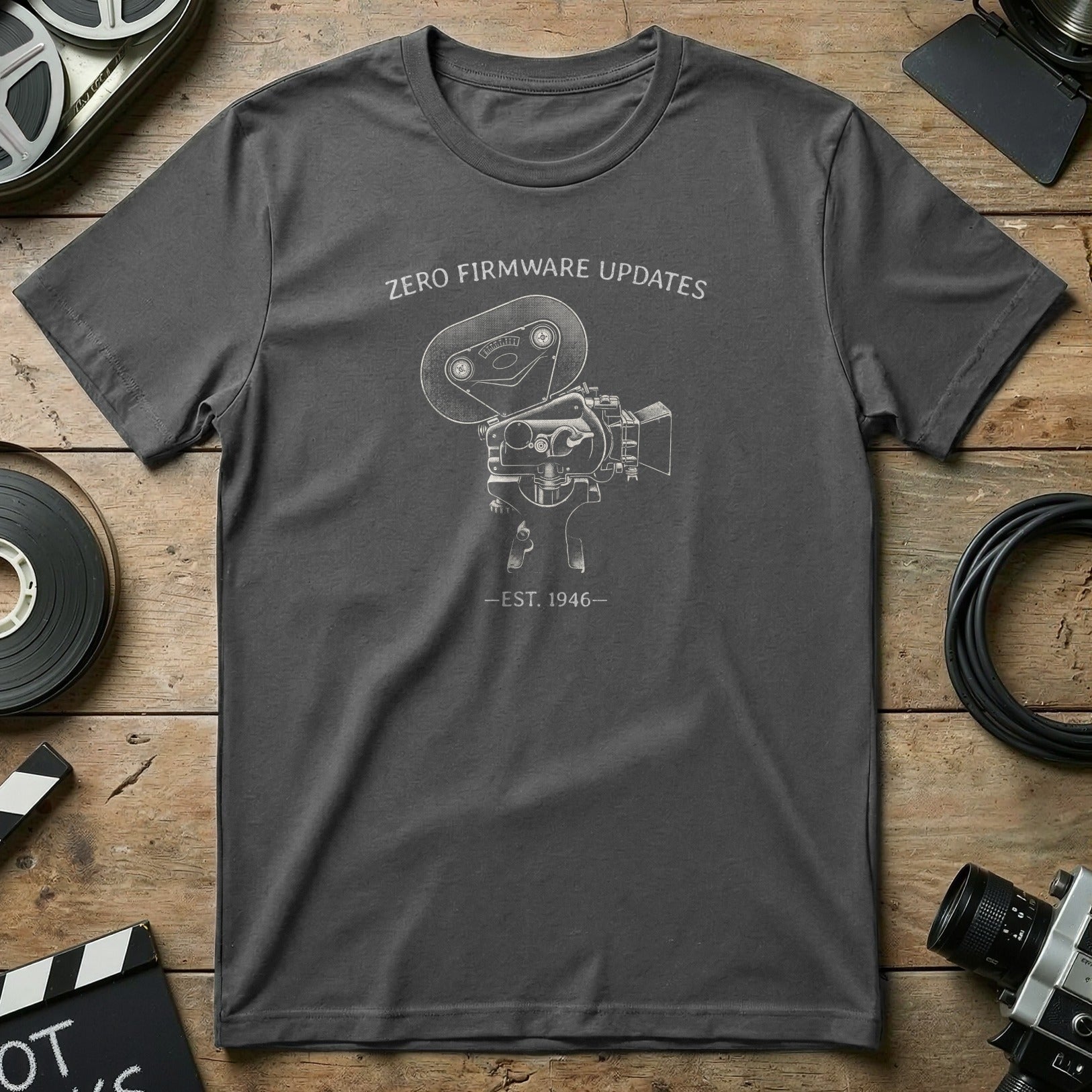 Charcoal t-shirt with line drawing of vintage camera and "EST. 1946" text.
