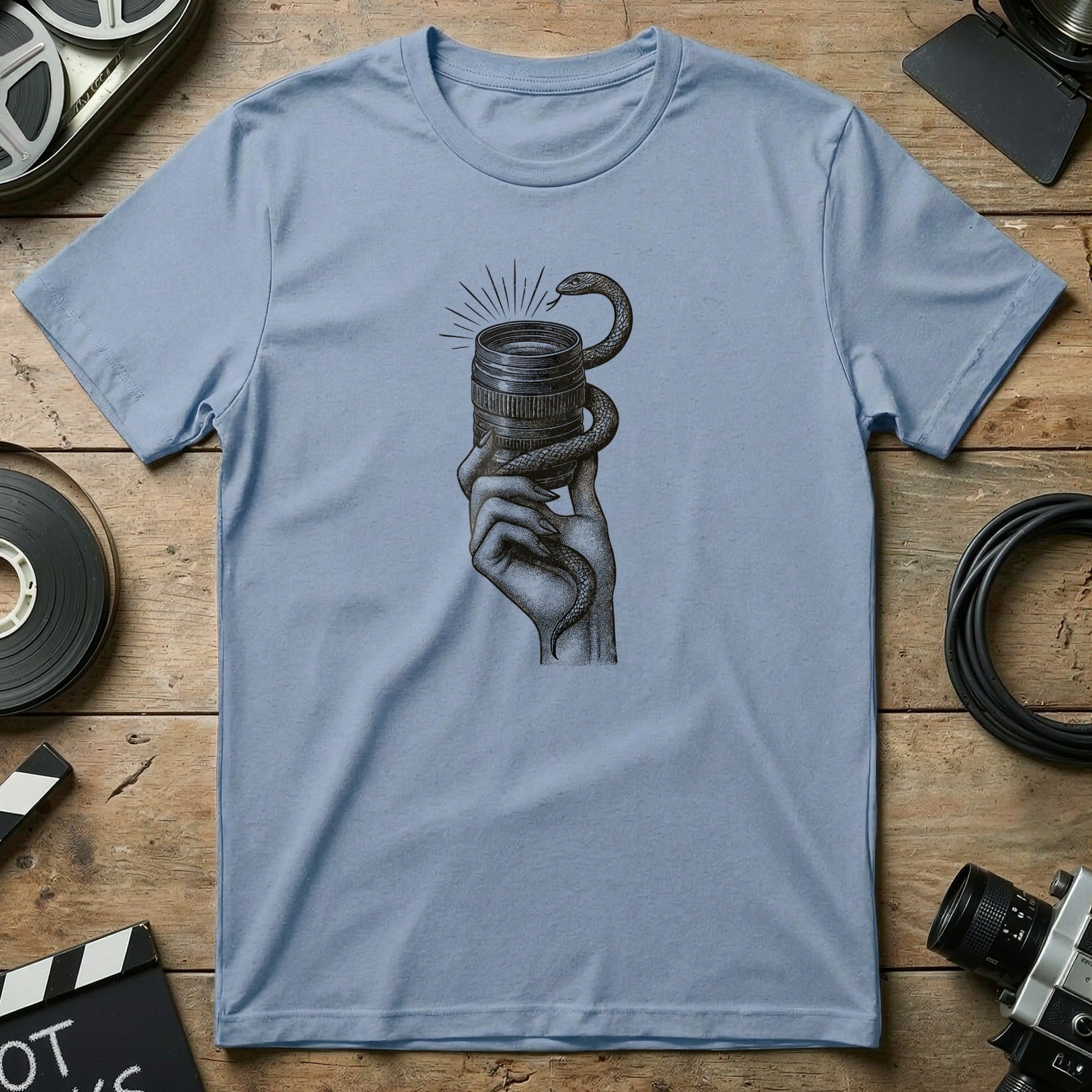 Artistic Snake and Lens Graphic T-shirt for Photography Enthusiasts