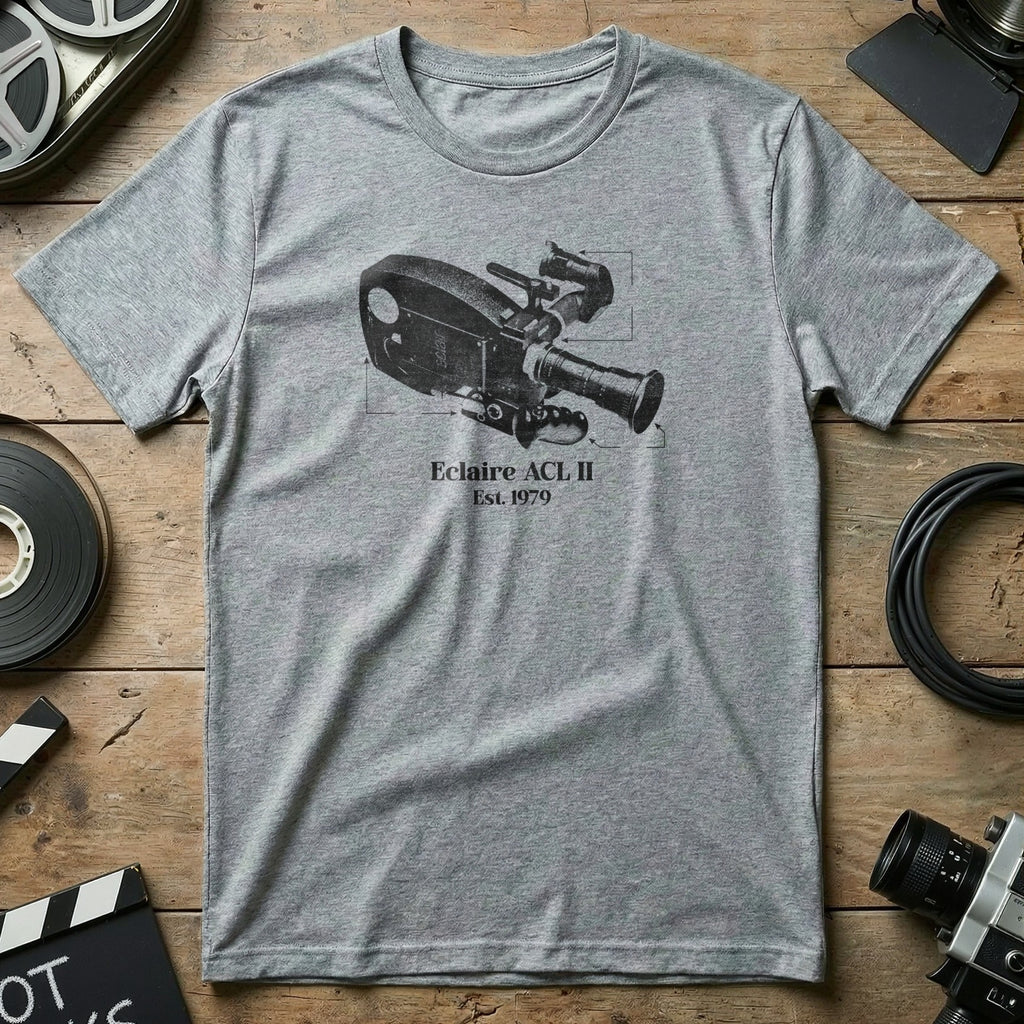 Grey t-shirt with vintage Eclair ACL camera illustration and text.