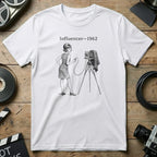 Woman in dress with old camera on tripod, "Influencer-1962" text.